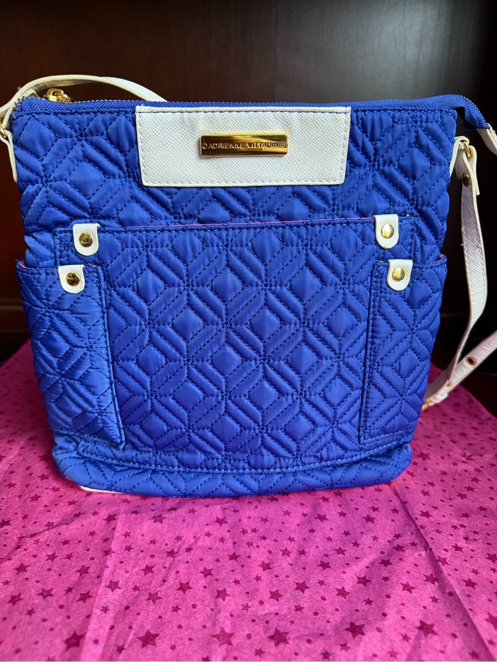 Adrienne Vittadini Quilted Royal Blue Crossbody with White Trim